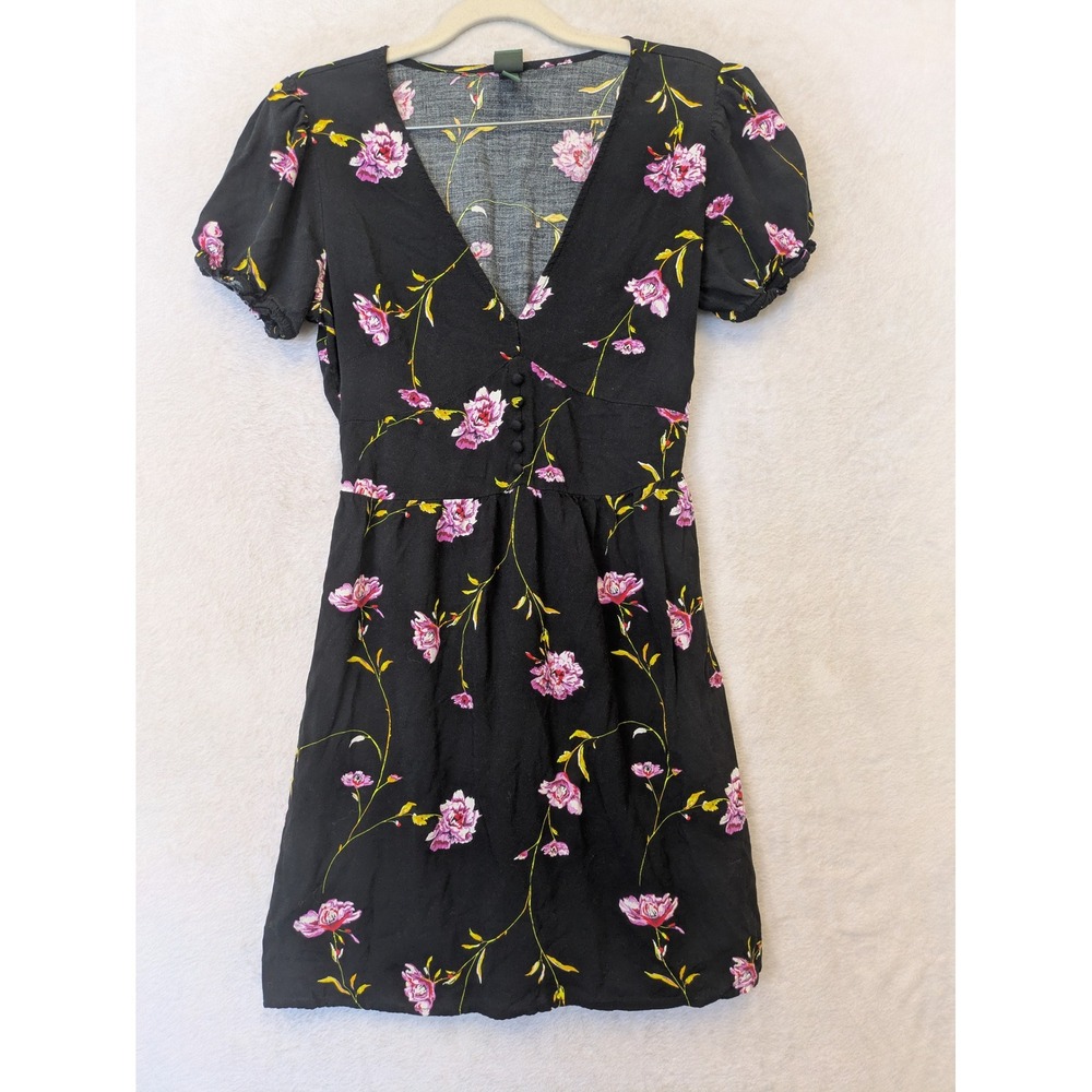 Wild Fable Mini Dress Women's Small Black Floral V-Neck Puff Sleeve Button Front